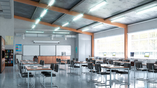 High School Classroom Interior. 3d Illustration