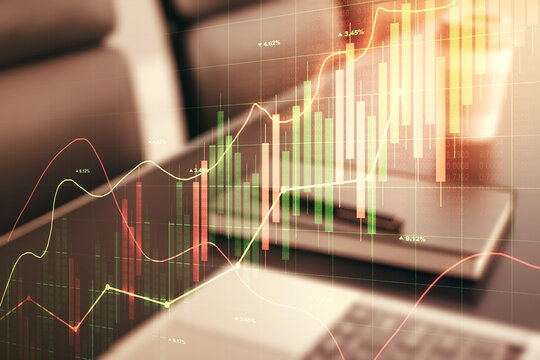 Double exposure of abstract creative financial diagram on modern laptop background, banking and accounting concept