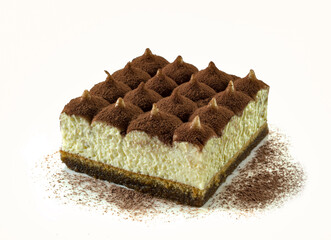 Tiramisu, italian cake, big portion isolated on white table, with cocoa powder
