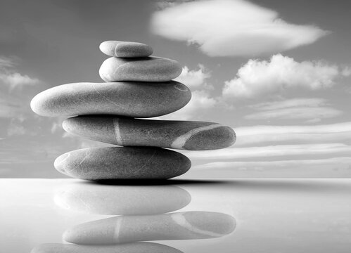 Five stones forming a balanced stack on top of a polished table top and clouds in background. Black and white image
