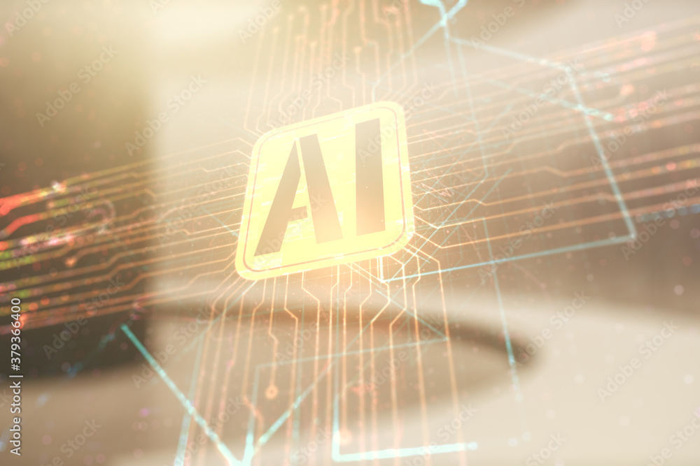 Poster double exposure of creative artificial intelligence icon on empty modern office background. neural n