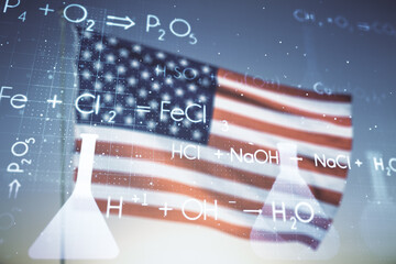 Abstract virtual creative chemistry hologram on USA flag and sunset sky background. Multiexposure