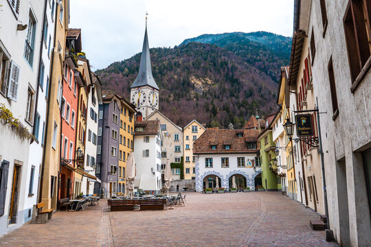 Main square of Chur during morning , The charming towns in Switzerland