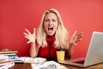 crazy caucasian woman asks for help at work, young female is tired to work, need rest and support
