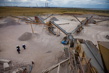 Karaganda/Kazakhstan - June 08 2012: Rock crushing plant. Gravel separation machine. Construction materials production.