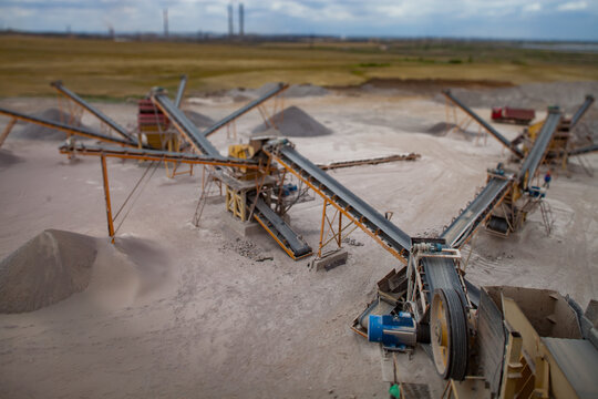 Karaganda/Kazakhstan - June 08 2012: Rock crushing plant. Gravel separation machine. Construction materials production.