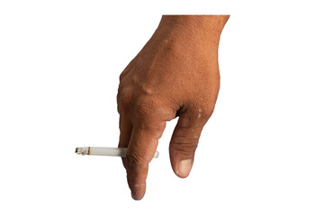 The finger holding a cigarette from an Asian man with quite dark skin.