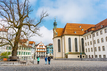 Fototapeta premium Clear day in the center of St. Gallen late morning , The Charimg city and also Unesco heritage sites in Switzerland 