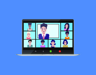 Meeting a company via video conference on a laptop. Online class. Study from home school lesson via teleconference, web video conference call during coronavirus lockdown.