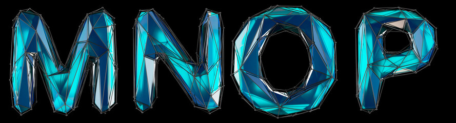 Realistic 3D set of letters M, N, O, P made of low poly style. Collection symbols of low poly style blue color glass isolated on black background 3d