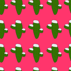 Cartoon cactus in snow seamless pattern template. Vector illustration on bright red background for games, wallpaper, pattern, decor. Print for fabrics and other surfaces.