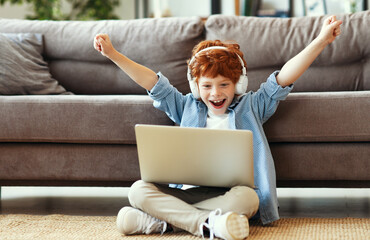 Boy celebrating victory in video game.