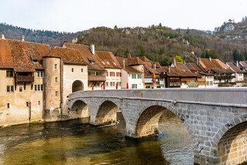 Nice day in Saint-ursuanne late morning from St.Jean bridge. Unseen classical town in Switzerland