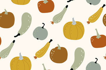 Pumpkin seamless pattern. Autumn texture for thanksgiving, harvest and halloween. Vector Illustration. October harvest. Organic vegetable garden food. Nature design. Seasonal autumn seamless pattern.