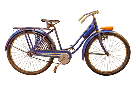 Vintage rusted blue beach cruiser bicycle isolated on white