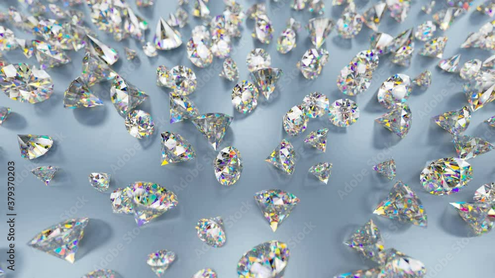 Poster scattered brilliant diamonds. endless dolly shot. 3d render seamless loop animation