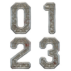 Set of numbers 0, 1, 2, 3 made of industrial metal on white background 3d