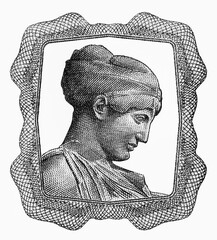 Bust of Nymph Deidamia. Portrait from Greece 25000 Drachmai 1943 Banknotes.