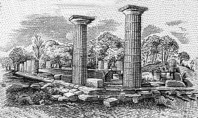 Ruins of the Temple of Zeus at Olympia. Portrait from Greece 25000 Drachmai 1943 Banknotes.