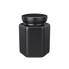 Black hexagonal honey jar isolated on a white background, 3D render