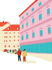 Wall poster illustration. People walk around the city, communicate, relax. Calm atmosphere city. Wall poster hand drawing