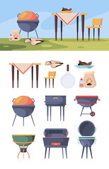 Bbq stand. Picnic grill steak in summer outdoor party kitchen items for food vector bbq yard. Barbecue picnic, bbq grill steak, grilling and cooking illustration