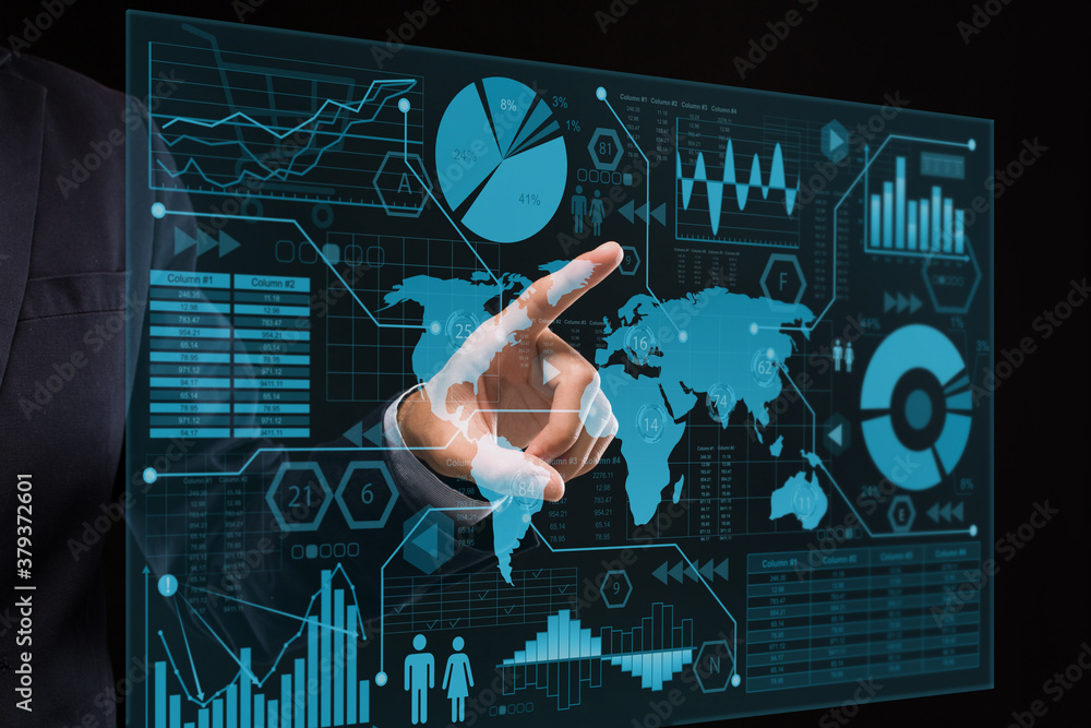 Poster Modern Business Technologies. Unrecognizable businessman touching virtual screen with digital analytics infographic
