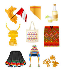 Peru Country Attributes with National Clothing and Beverage Vector Set
