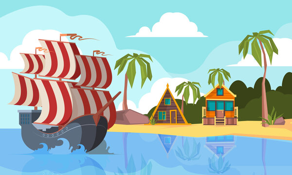Pirate boat in ocean. Marine landscape with pirate vessel on waves near desert island vector cartoon background. Boat transportation to island with green palm and beach illustration