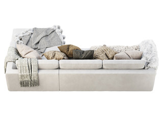Chalet three-seat white velvet upholstery sofa with pillows and pelts. 3d render.