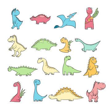 Cute dinosaurs. Set of funny wild ancient reptiles pterodactyl diplodocus vector doodle characters. Dino character, dinosaur triceratops and prehistory stegosaurus illustration