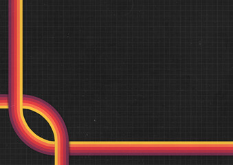 A retro 1970's or 1980's dark graphic background design for use as a product, poster or flyer background with yellow, orange and red curved stripes with corner design and copy space © SJM Photos