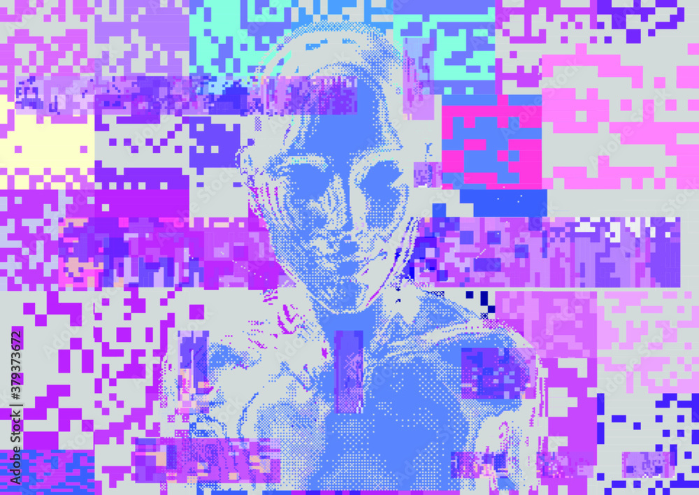 Aufkleber Glitched screen with human silhouette hidden in pixels. Conceptual illustration for Artificial intelligence, Cyber Security and Informational technologies.