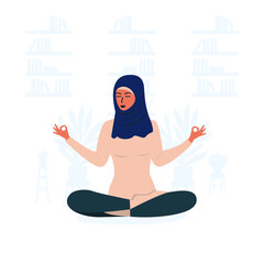 Flat vector cartoon illustration of a Muslim woman in hijab doing yoga at home. Home activity. The concept of a healthy lifestyle through yoga. Motivational design for a poster or banner
