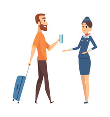 Man with fly ticket. Cartoon guy going on plane board with luggage. Stewardess and passenger, isolated vector characters. Illustration travel guy with ticket and baggage