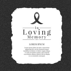In loving memory text and black ribbon sign in White paper tear on abstract black rose texture background vector design