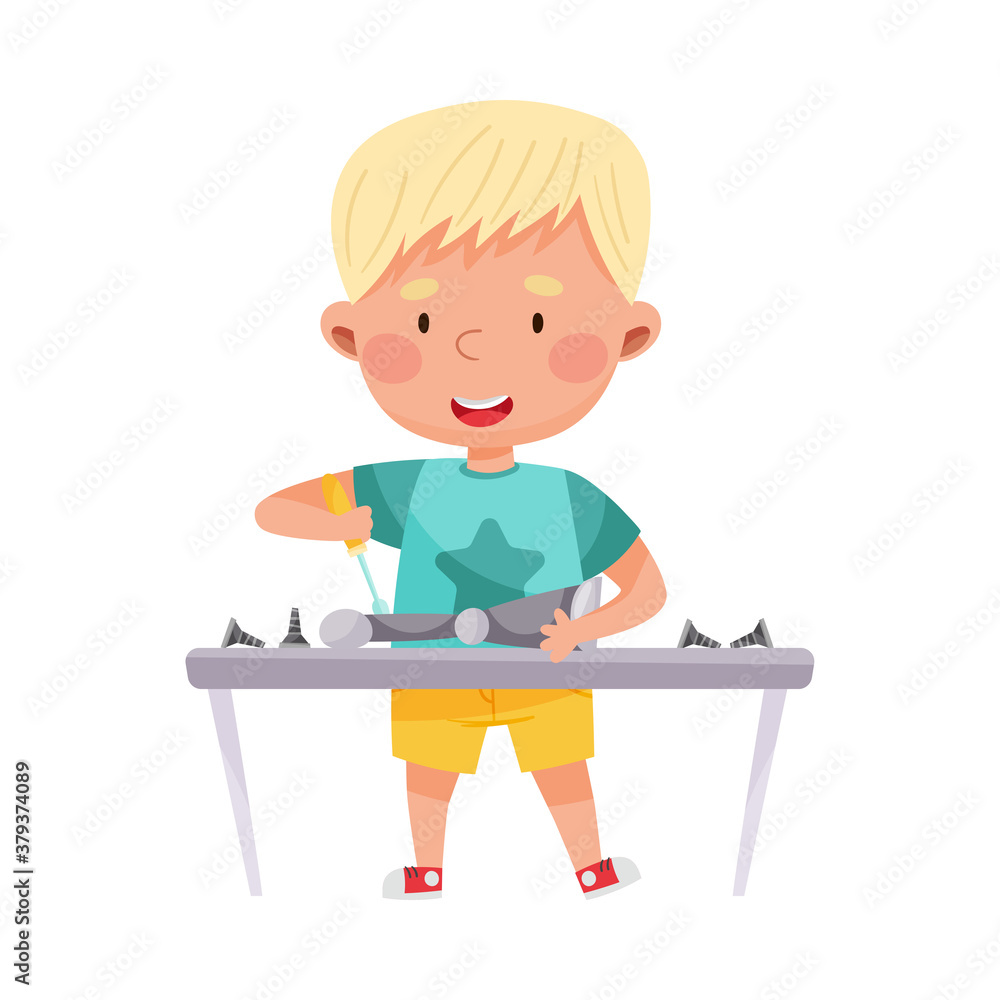 Poster little boy engineering and creating robot vector illustration