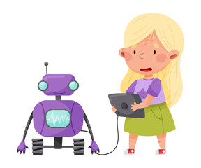 Cute Girl Standing with Tablet PC and Configurating Robot Vector Illustration