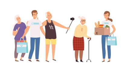 Obraz premium Volunteers in senior house. Happy old and young people. Man woman with gifts and donations for elderly vector illustration. Home senior, assistance volunteer elderly, volunteering support