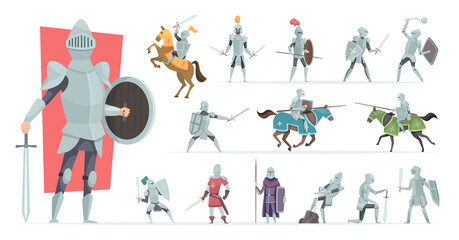 Knights. Medieval warriors in action poses armored knights vector characters in cartoon style. Medieval knight in armor, soldier in helmet, military chivalry - obrazy, fototapety, plakaty