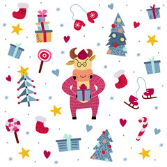 Vector illustration on the theme of the New Year..Bull picture with festive details. For a postcard, for a congratulation, a poster, a sticker.