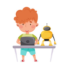 Cute Boy Standing with Tablet PC and Configurating Robot Vector Illustration