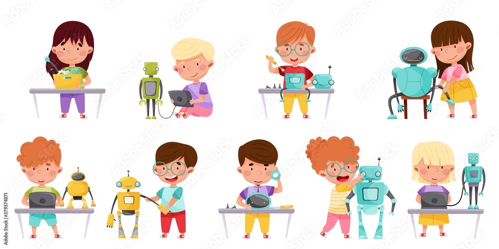Poster little children engineering and creating robots vector illustrations set