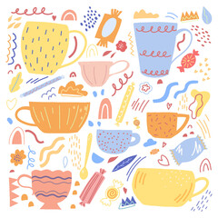 Cute cups and mugs flat hand drawn vector illustration. Colorful collection in abstract, scandinavian style. Cozy kitchen simple elements set for design, prints, decoration, card, stickers, banner.