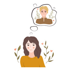 Pretty young girl in love thinking on the boy of her dreams. Cartoon vector illustration