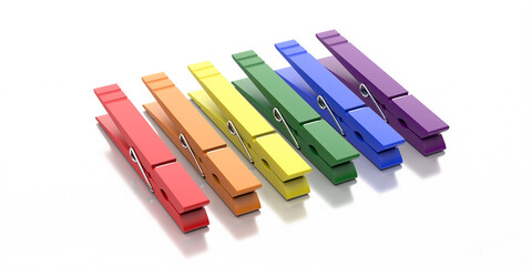 Clothespins plastic at misc colors isolated on white background. 3d illustration