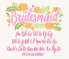 Wedding font. Typography alphabet with colorful romantic illustrations.