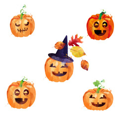 Halloween set of pumpkins face. Watercolor vector illustration