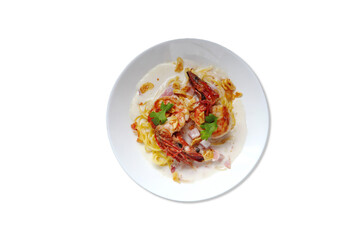 spaghetti carbonara cheese with shrimps , prawns and bacon in the white plate ( clipping path included)