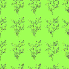 Cartoon plant leaf seamless pattern template. Vector illustration on bright green background for games, background, pattern, decor. Print for fabrics and other surfaces. Coloring paper, page, book